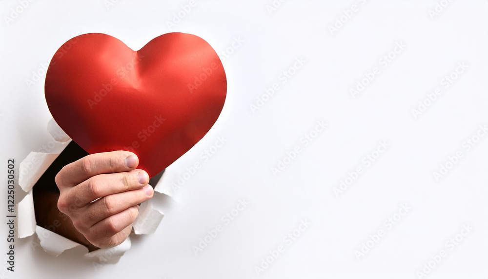 Red heart emerging from a hole in white paper. Concept of love, care, and affection. Red heart emerging from a hole in white paper. Concept of love, care, and affection.
