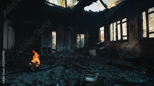 Aftermath: A haunting image of a house ravaged by fire, smoke still lingers, light beams through the broken roof.