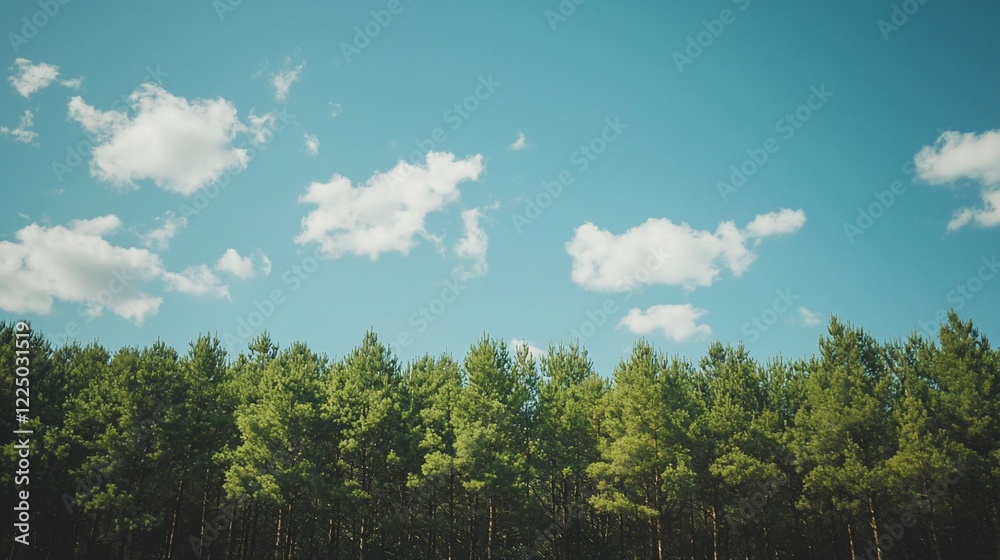 Fototapeta premium Lush green forest under a bright blue sky with fluffy clouds, evoking a serene natural landscape
