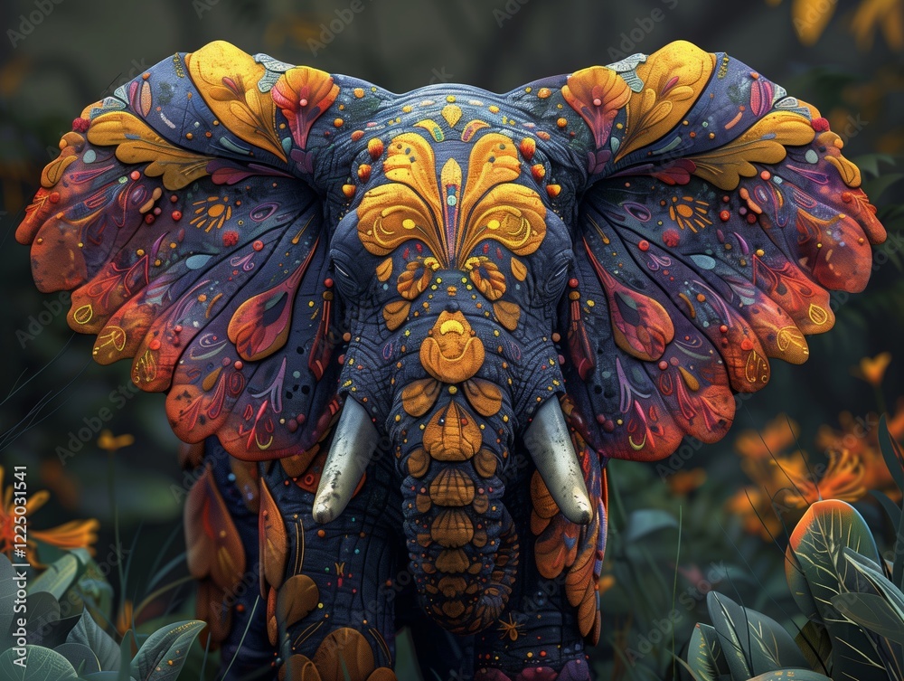 Naklejka premium a precise drawing of very cute jungle robotic elephant in a front facing view as though you are creating a precise drawing