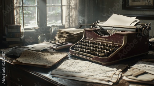 Vintage typewriter on antique desk with papers and books, sunlit room.