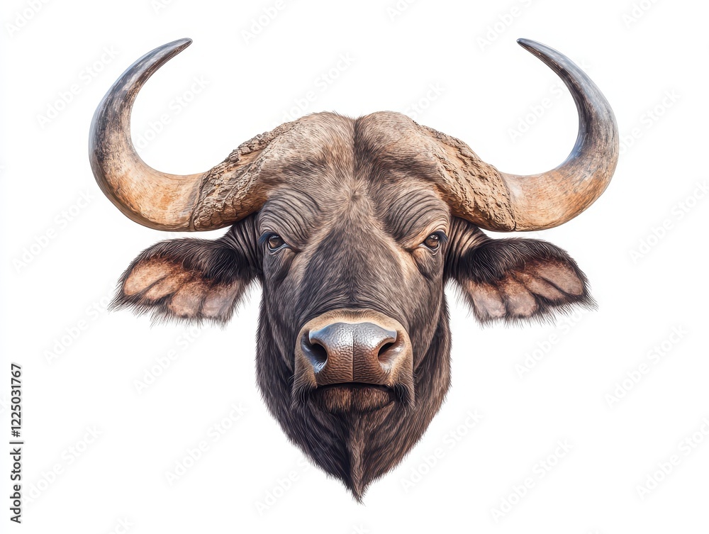 Naklejka premium A detailed illustration of a buffalo head, showcasing its prominent horns and facial features against a plain background.