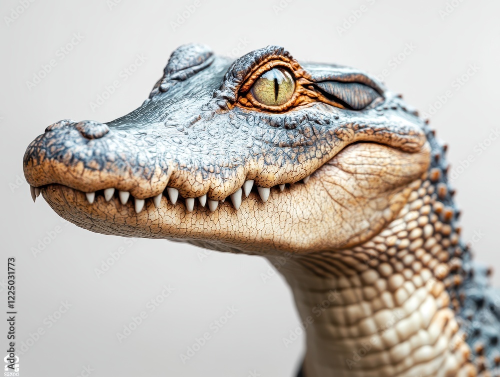 Obraz premium A close-up of a detailed crocodile head, showcasing its textured skin, sharp teeth, and an intense yellow eye, set against a neutral background.