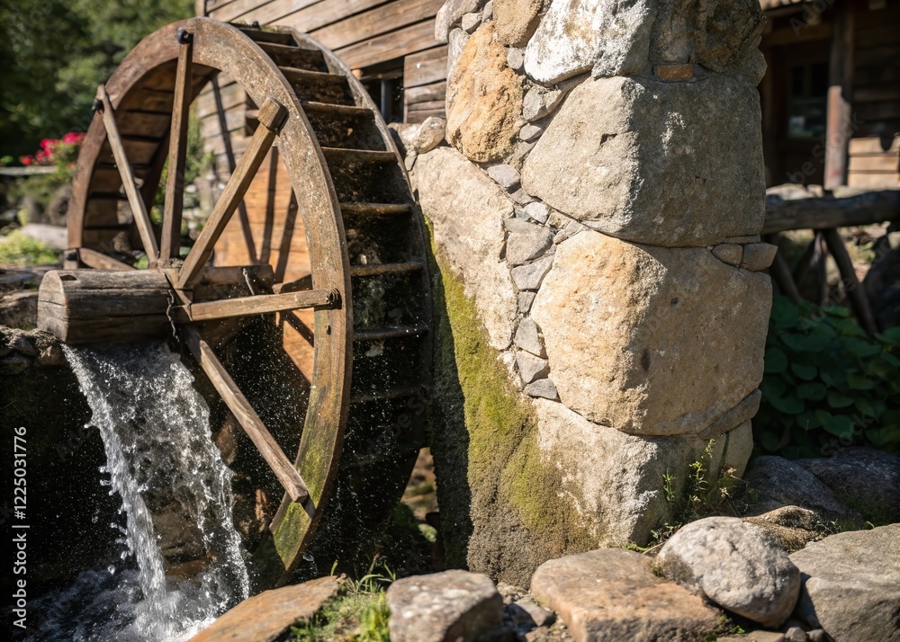 Obraz premium Vintage Close-up: Weathered Stone Blade on Rustic Water Wheel