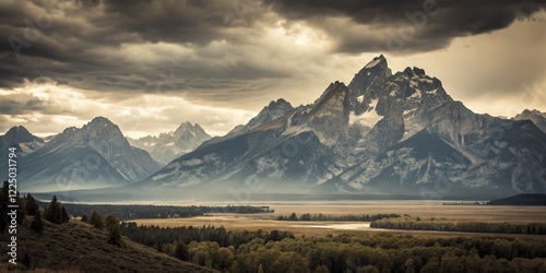 Wallpaper Mural Vintage Cloudy Mountain Landscape - Dramatic Peaks & Misty Scenery Torontodigital.ca