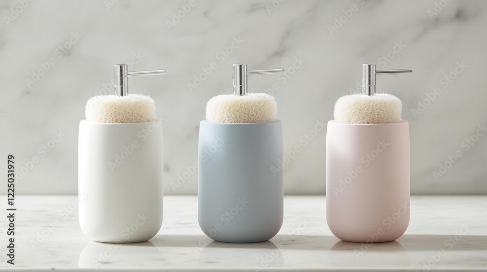 Three white, blue, and pink containers with a white sponge in the middle