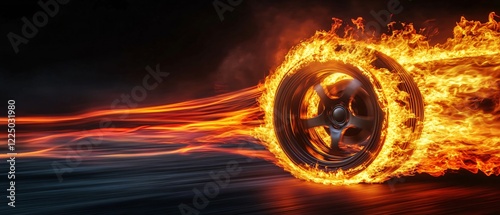 Dynamic Speeding Car Wheel with Vibrant Flames Trail - Automotive Racing Concept