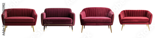 Burgundy velvet tufted sofa and armchairs in a stylish modern living room or lobby interior with minimalist and elegant design  Plush luxurious and comfortable seating for home office photo