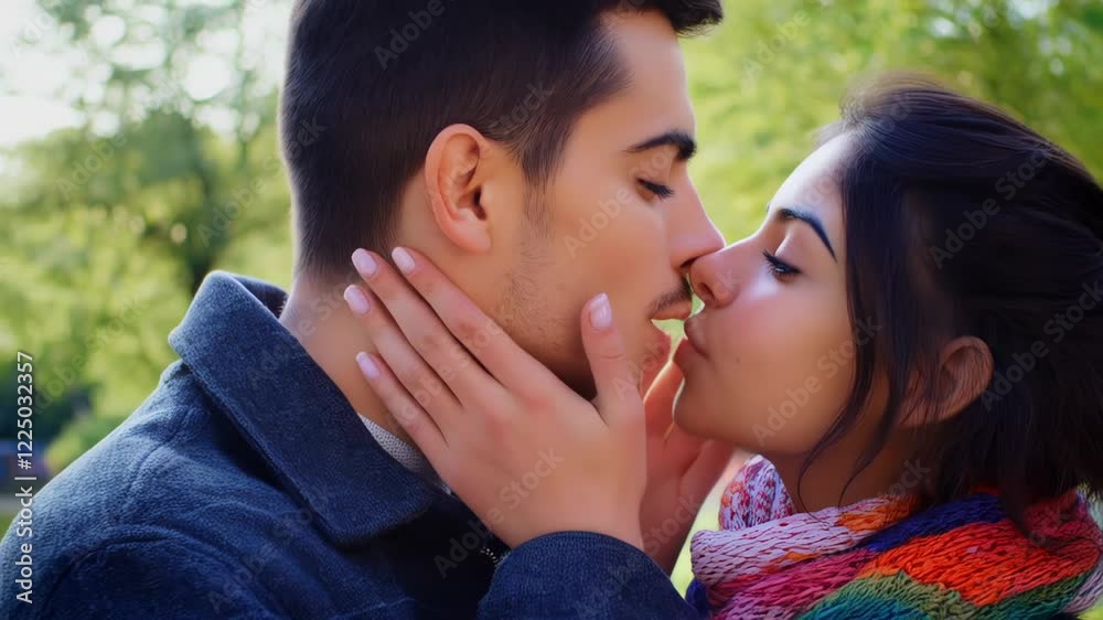 Serene moment in the park as a woman shares a warm kiss amidst nature