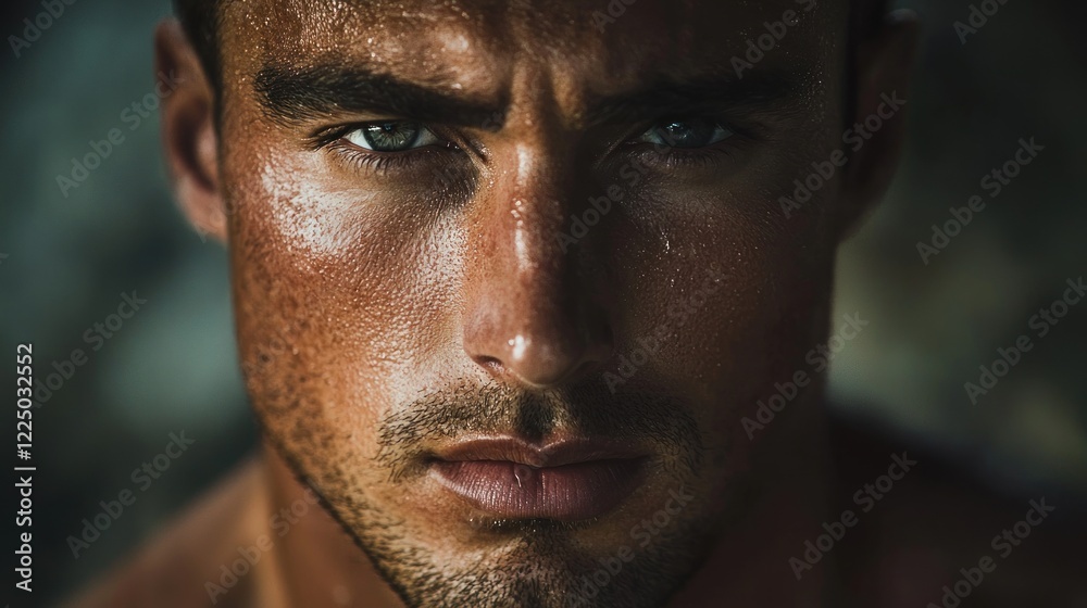 Fototapeta premium Close-up portrait of a muscular, sweaty man with intense gaze.