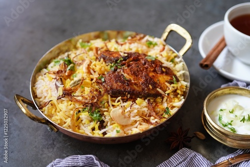 Homemade King fish biryani served with yogurt photo