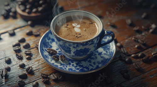 Steaming espresso in vintage cup on wooden table with coffee beans.