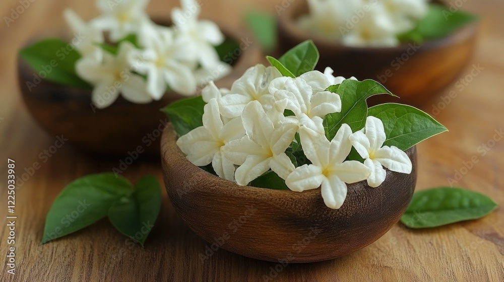 Fragrant White Flowers in Wooden Bowls: A Serene Spa Setting Fragrant White Flowers in Wooden Bowls: A Serene Spa Setting
