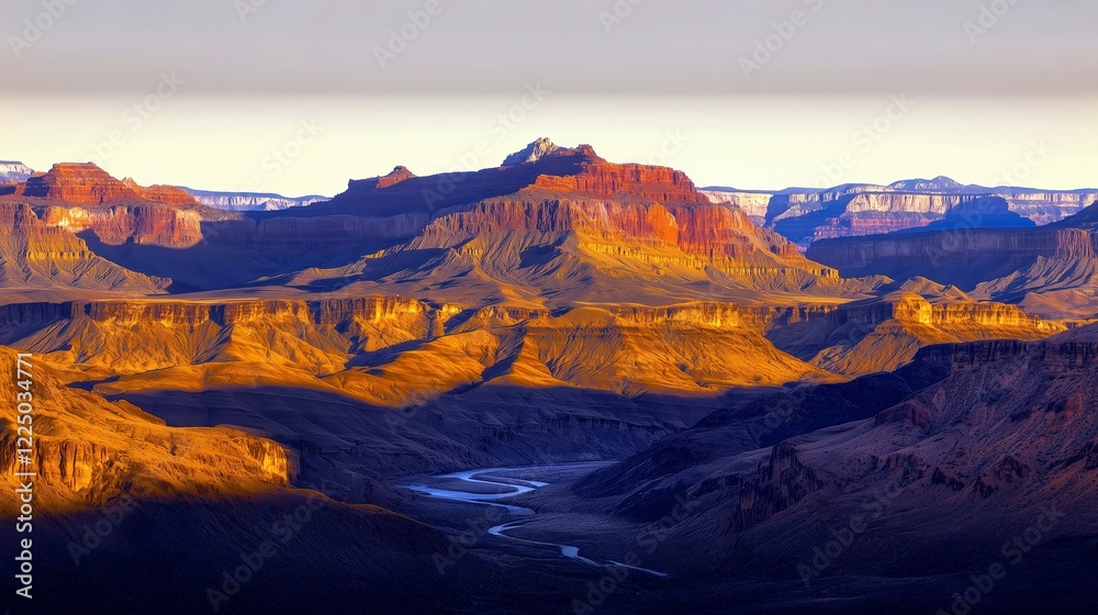 Fototapeta premium Vibrant sunset illuminating rugged mountain landscape with shadows across the terrain.
