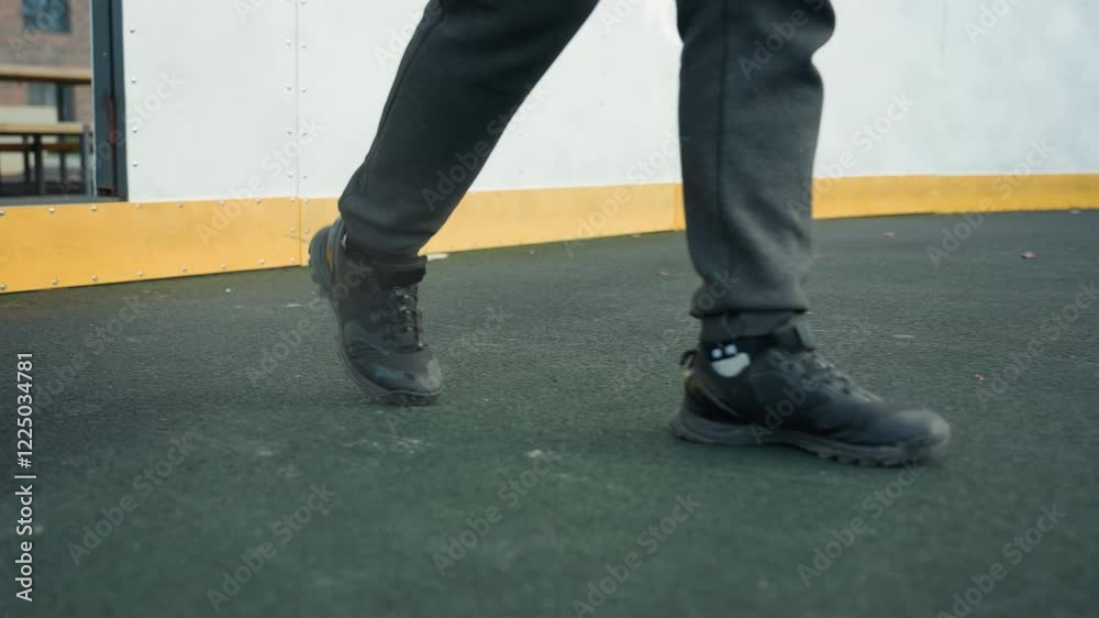 Close-up of feet in motion, wearing tactical boots on a sports field, with yellow boundary line visible, showcasing dynamic athletic movement with foliage on the ground Close-up of feet in motion, wearing tactical boots on a sports field, with yellow boundary line visible, showcasing dynamic athletic movement with foliage on the ground