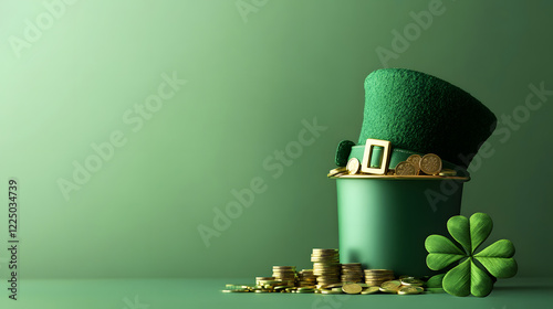 Saint Patrick's Day background. Black pot full of gold coins and leprechaun hat photo