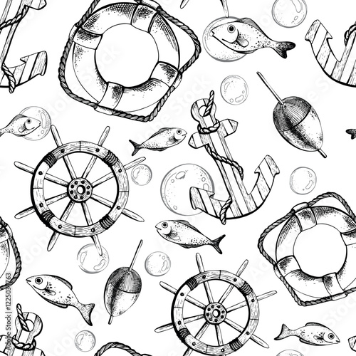 Marine theme with ship wheel, lifebuoy, fish, bubbles, hitchhiker and anchor. Graphic illustration line art in black and white monochrome, hand drawn with ink. Seamless pattern