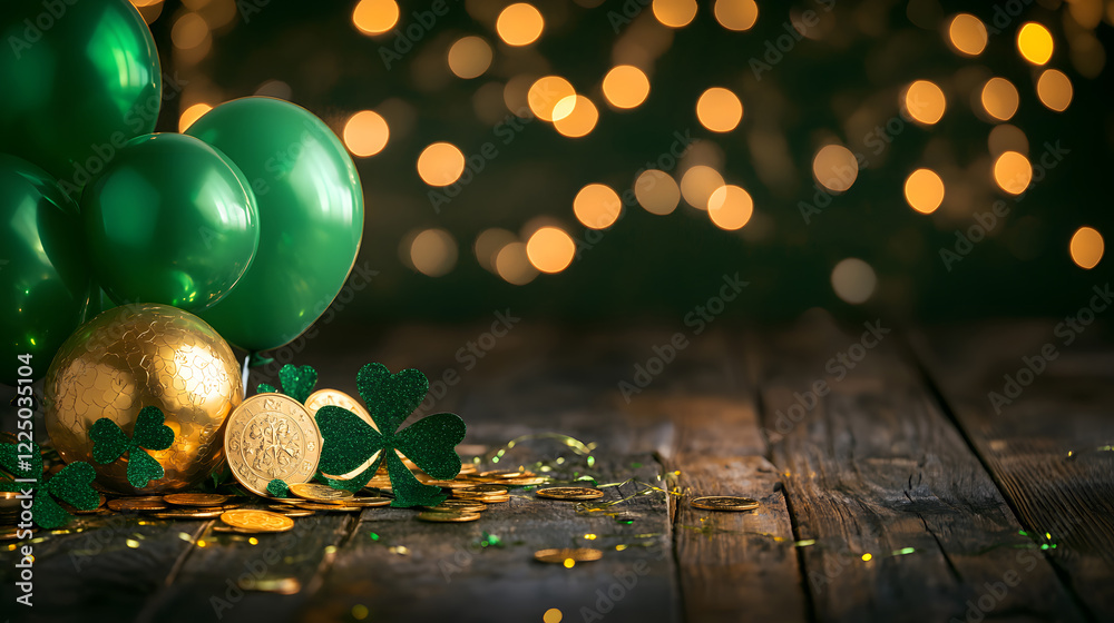 Fototapeta premium Saint Patrick's Day background. Black pot full of gold coins and leprechaun hat