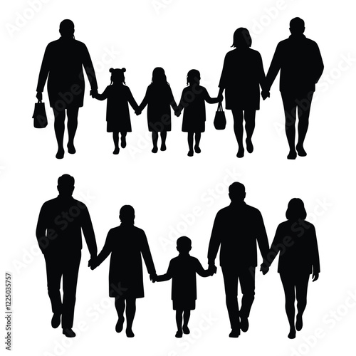 Two set of  Family Silhouettes Walking with white background