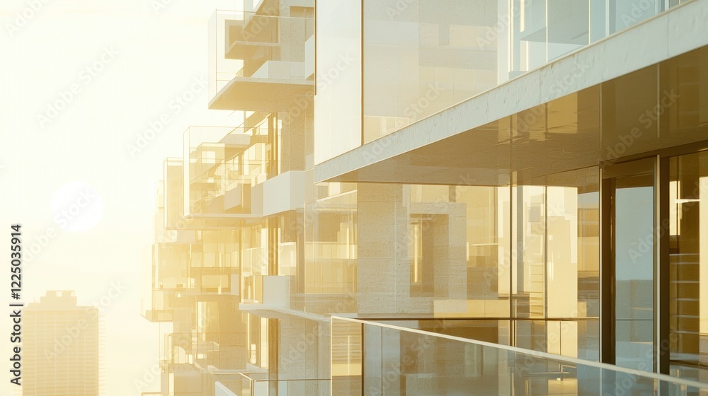 Fototapeta premium Golden hour sunlight on modern apartment building balconies.