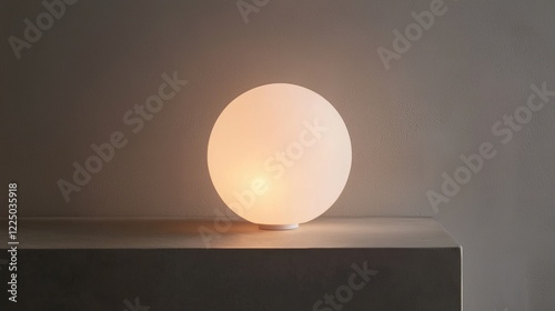 A white lighted globe sits on a ledge photo