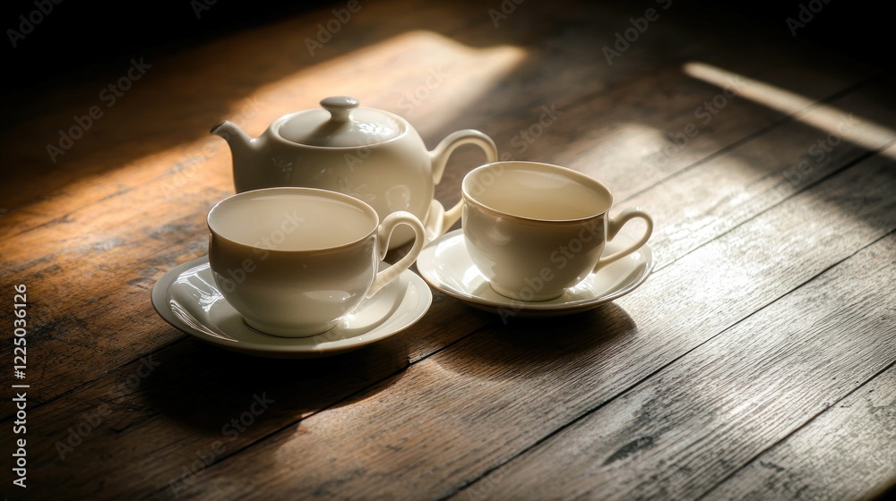 Teapot and two empty teacups on wooden table in sunlight. Teapot and two empty teacups on wooden table in sunlight.