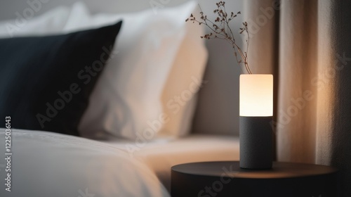 A small lamp sits on a table next to a bed