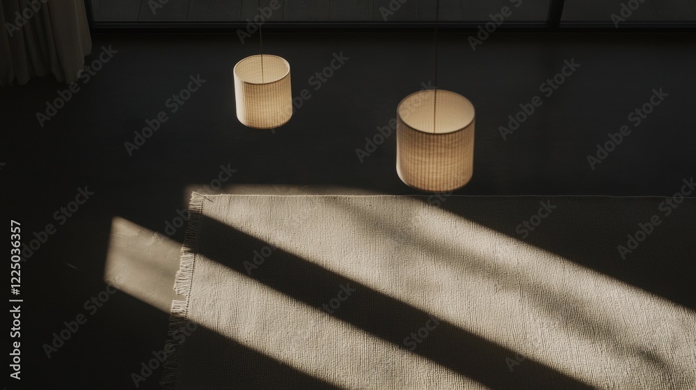 Fototapeta premium Two lamps are hanging from the ceiling, casting shadows on the floor