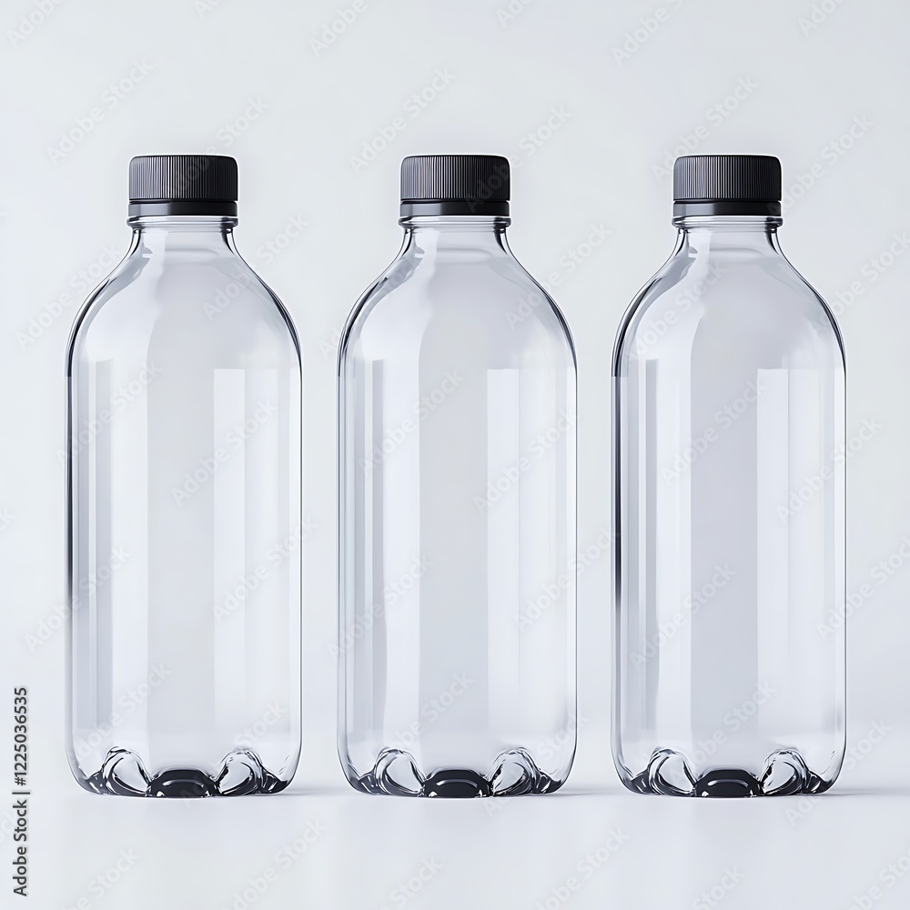 Three clear plastic bottles with black caps are displayed against a light background, showcasing a minimalist and modern design. Three clear plastic bottles with black caps are displayed against a light background, showcasing a minimalist and modern design.