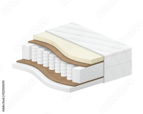 Realistic mattress with pocket spring mockup. Vector illustration isolated on a white background. The illustration will present mattress consisting of many layers. EPS10.