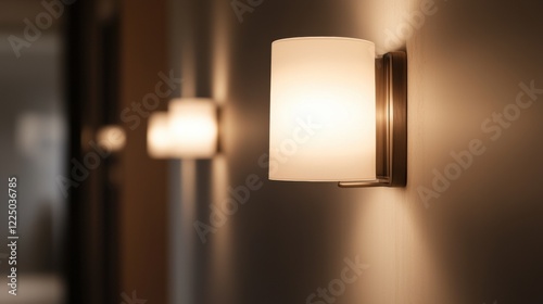 A hallway with three lighted wall sconces