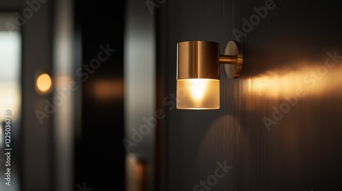 A light fixture is lit up in a hallway