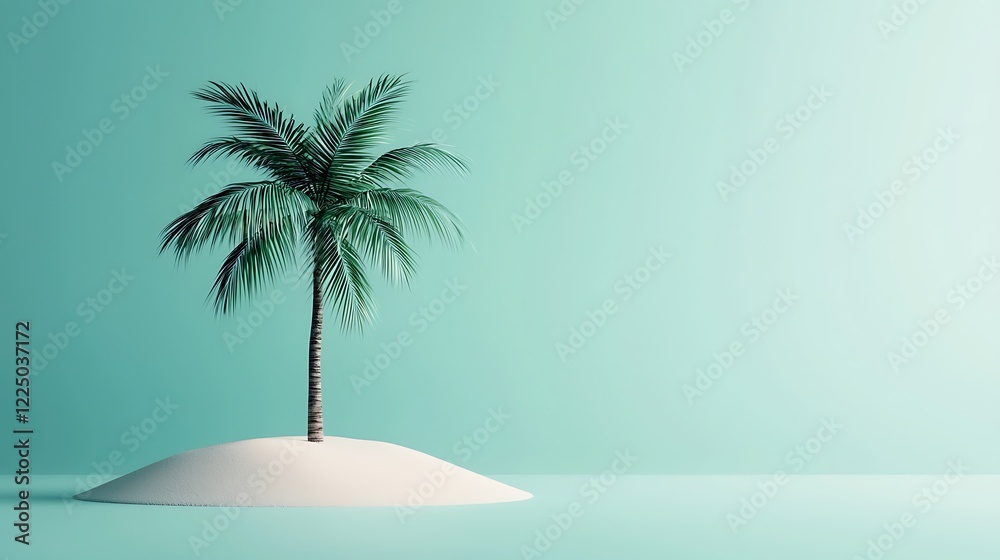 A solitary palm tree stands on a small sandy island against a soothing teal background, evoking a tropical, tranquil atmosphere. A solitary palm tree stands on a small sandy island against a soothing teal background, evoking a tropical, tranquil atmosphere.