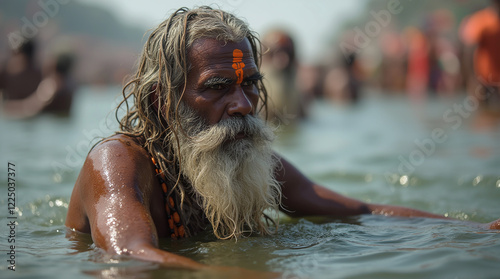 Aghori Sadhu Bathing in Ganges River during Maha Kumbha Mela photo