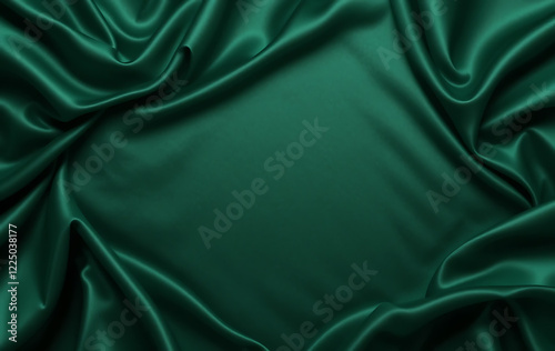 A dark green silk satin background featuring elegant, soft folds gracefully draping across the smooth fabric. A luxurious backdrop with ample copy space for design. Ideal as a wide banner, flat-lay