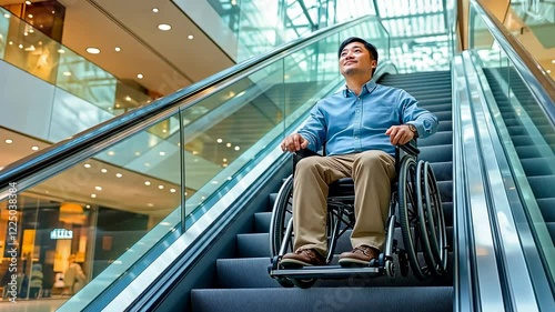 Wallpaper Mural Young Asian man in wheelchair on escalator. Man navigating mall smoothly. Accessibility in modern shopping centers. Independent shopping experience. Ease and convenience for all. Torontodigital.ca
