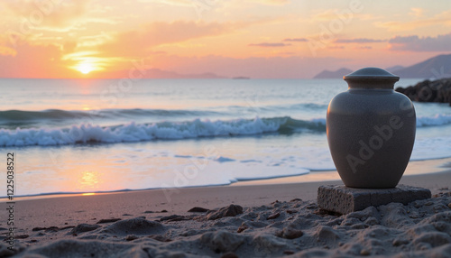 Serene urn at tranquil beach during sunset, remembrance concept
