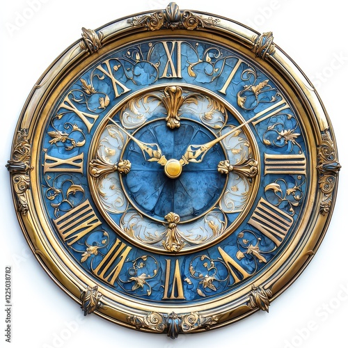Ornate blue and gold clock face showcasing intricate artistic detailing