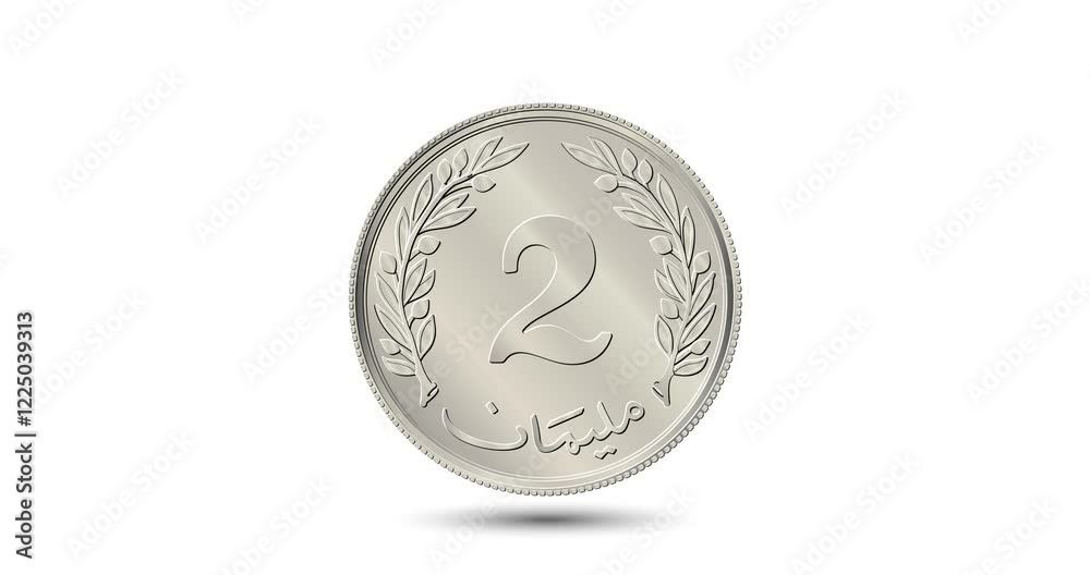 Reverse of Tunisia 2 millims coin. The coin appear on the screen with a captivating style. Animated vector coin. Money animation. Reverse of Tunisia 2 millims coin. The coin appear on the screen with a captivating style. Animated vector coin. Money animation.