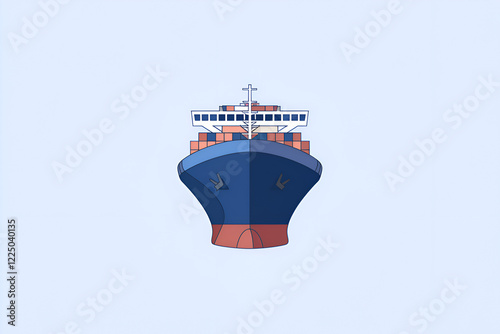 Stylized Container Ship on Blue Sea, Cargo Transportation, Vector Illustration.