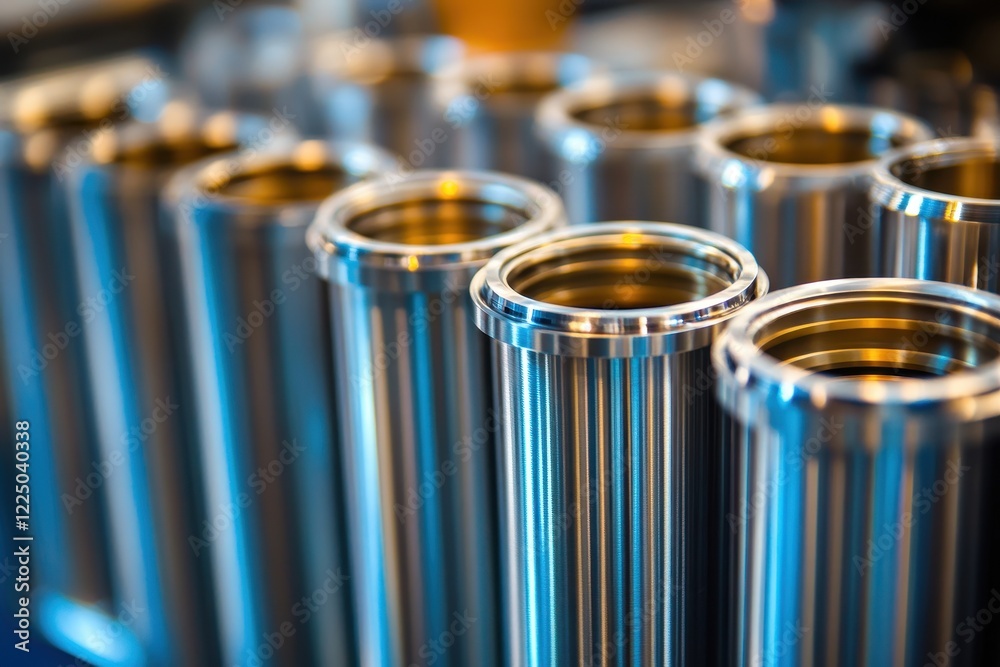 Close-up of shiny, metallic cylinders in a row. Illustrates precision manufacturing, industrial production, or engineering concepts. Close-up of shiny, metallic cylinders in a row. Illustrates precision manufacturing, industrial production, or engineering concepts.