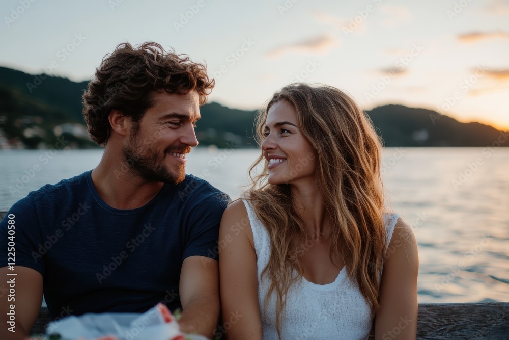 A loving couple sharing a joyful moment, smiling at each other by the lake as the sun sets, capturing the essence of romance and genuine connection. A loving couple sharing a joyful moment, smiling at each other by the lake as the sun sets, capturing the essence of romance and genuine connection.