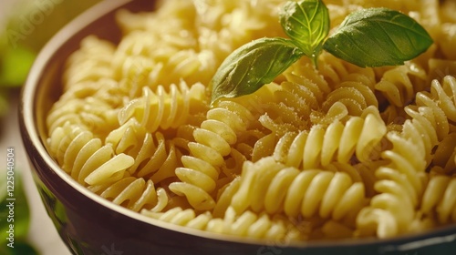 Close-up of cooked rotini pasta in a bowl, garnished with basil. photo