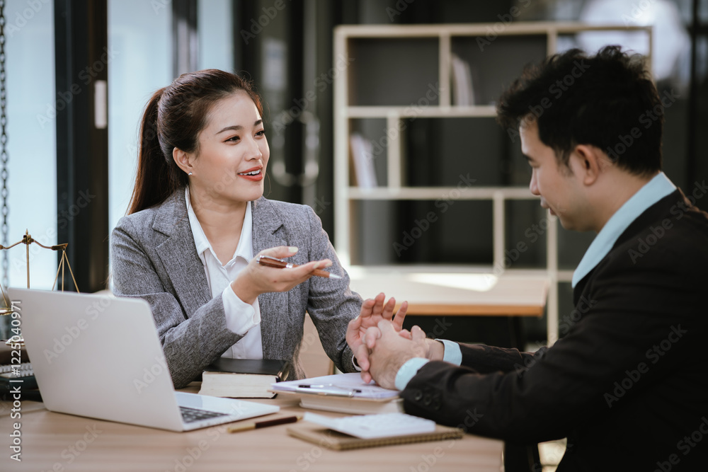 Lawyer Legal counsel presents to the client a signed contract with gavel and legal law. justice and lawyer Business partnership meeting concept. Lawyer Legal counsel presents to the client a signed contract with gavel and legal law. justice and lawyer Business partnership meeting concept.