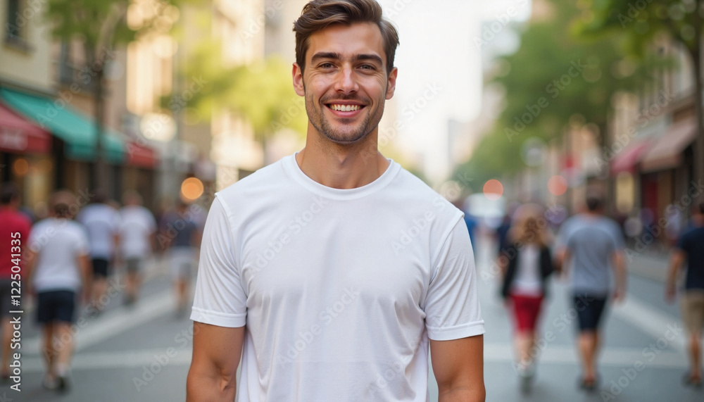 Smiling man in a white T-shirt walking in a busy city street Smiling man in a white T-shirt walking in a busy city street