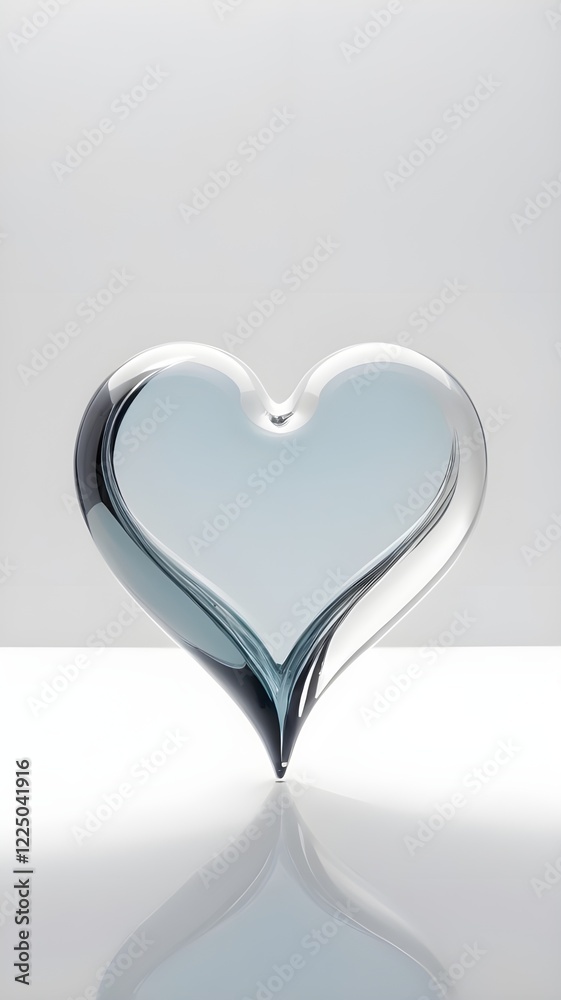 A sleek and modern glass heart floating above a clean white background, reflecting soft light.