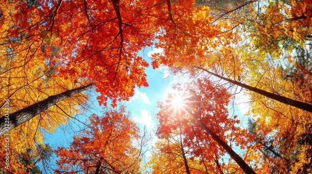 Vibrant autumn foliage canopy, sun shining through. Vibrant autumn foliage canopy, sun shining through.