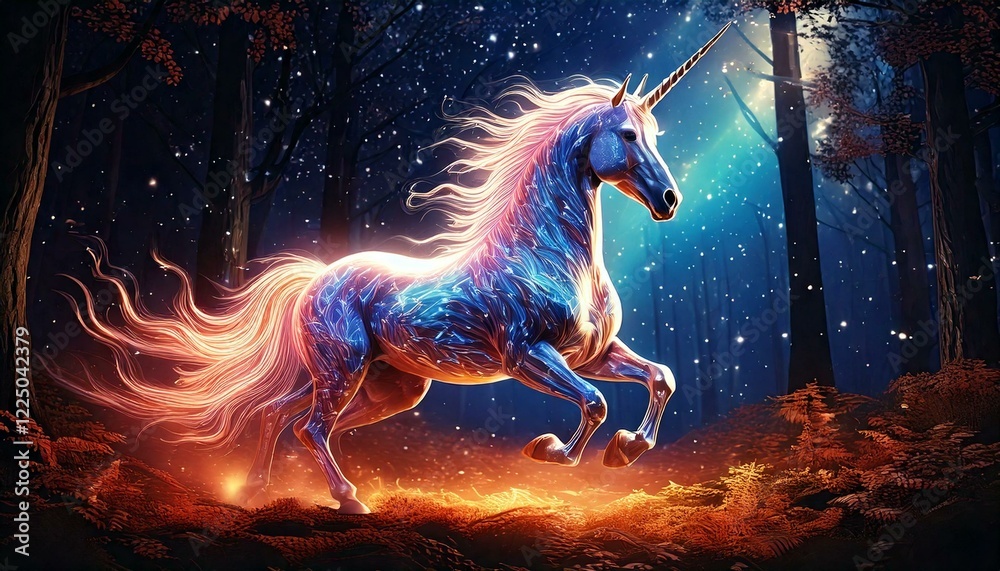 Obraz premium glowing unicorn galloping through a forest of stars.- 