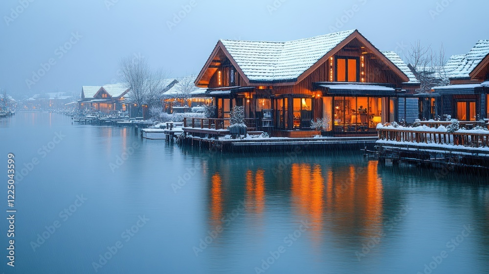 Fototapeta premium Snowy Lakeside Cabins at Dusk: A Winter Wonderland