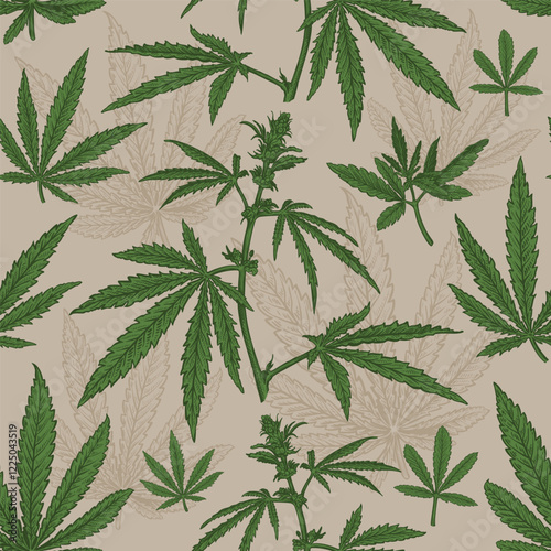 Seamless pattern with hand drawn sketch of Cannabis. Vector illustration of leaves and plant Hemp. Botanical drawing of Medical Marijuana foliage. Vintage engraved style